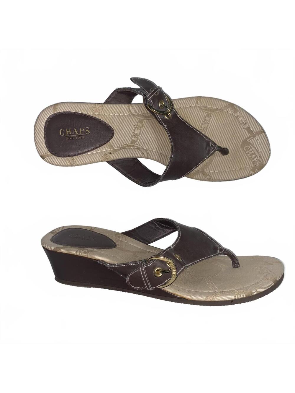 Chaps Brown Wedge Sandals Y2K Summer Boho Thong Heels Size 7.5